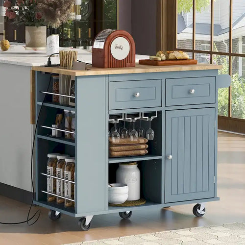 Black / Blue / White Rolling Kitchen Island with Power Outlet, Drop Leaf & Wine Rack – 1 Unit