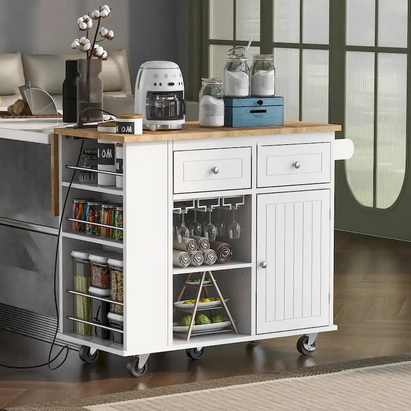 Black / Blue / White Rolling Kitchen Island with Power Outlet, Drop Leaf & Wine Rack – 1 Unit