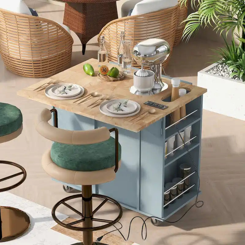 Black / Blue / White Rolling Kitchen Island with Power Outlet, Drop Leaf & Wine Rack – 1 Unit