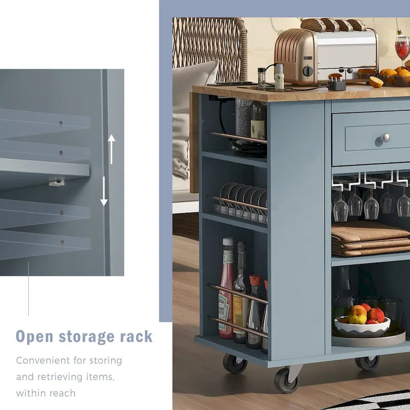 Black / Blue / White Rolling Kitchen Island with Power Outlet, Drop Leaf & Wine Rack – 1 Unit