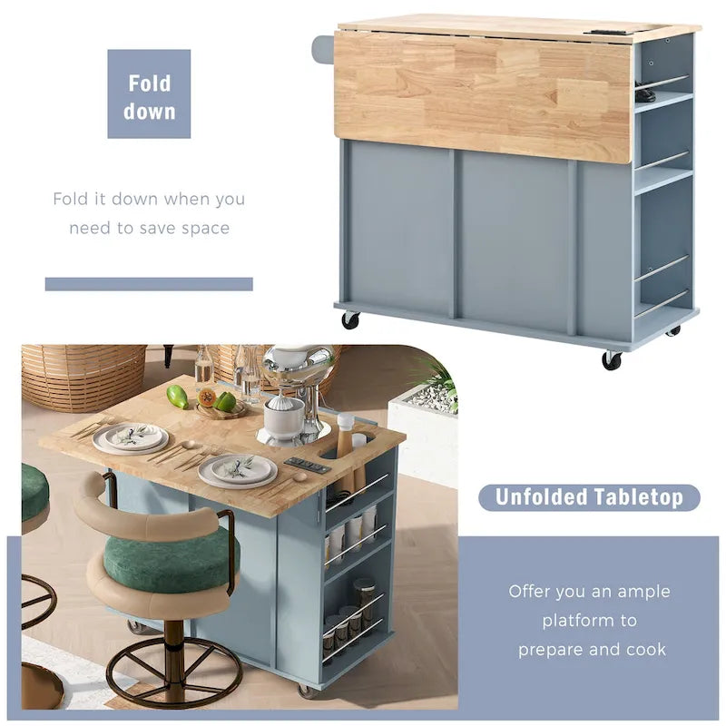 Black / Blue / White Rolling Kitchen Island with Power Outlet, Drop Leaf & Wine Rack – 1 Unit