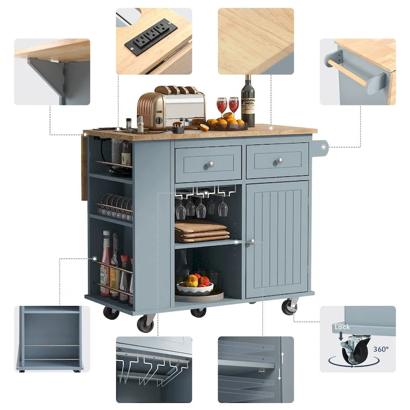 Black / Blue / White Rolling Kitchen Island with Power Outlet, Drop Leaf & Wine Rack – 1 Unit