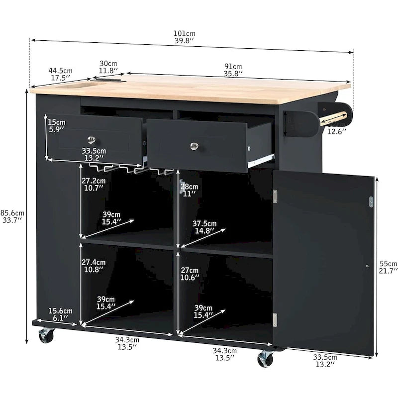 Black / Blue / White Rolling Kitchen Island with Power Outlet, Drop Leaf & Wine Rack – 1 Unit