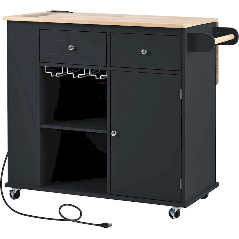 Black / Blue / White Rolling Kitchen Island with Power Outlet, Drop Leaf & Wine Rack – 1 Unit