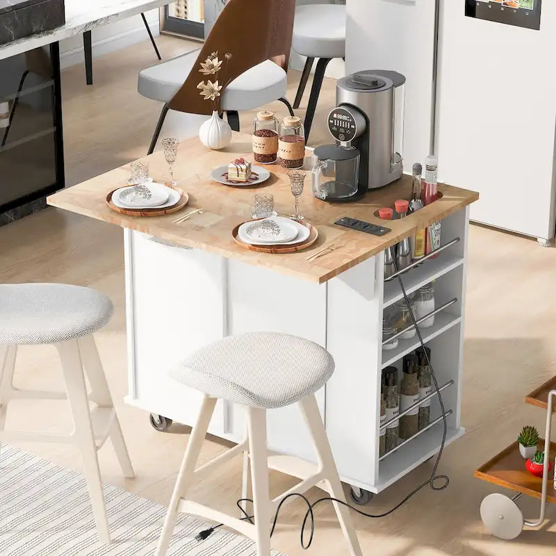 Black / Blue / White Rolling Kitchen Island with Power Outlet, Drop Leaf & Wine Rack – 1 Unit