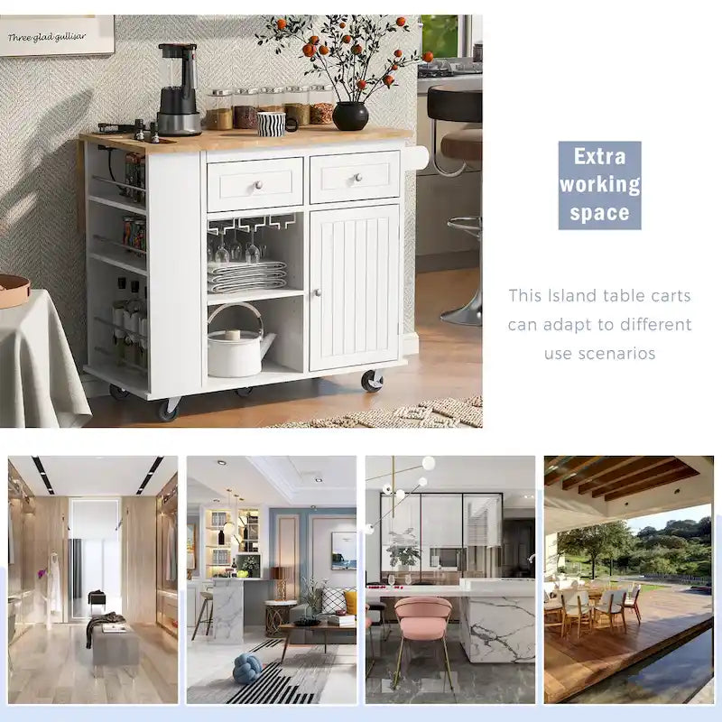 Black / Blue / White Rolling Kitchen Island with Power Outlet, Drop Leaf & Wine Rack – 1 Unit