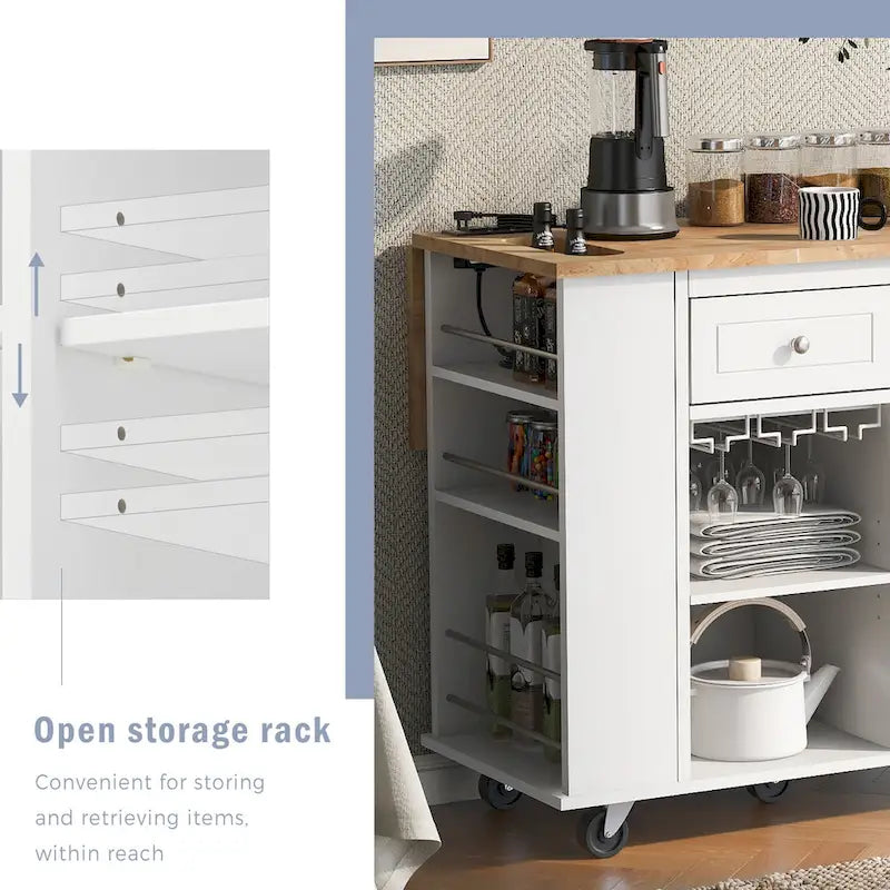 Black / Blue / White Rolling Kitchen Island with Power Outlet, Drop Leaf & Wine Rack – 1 Unit