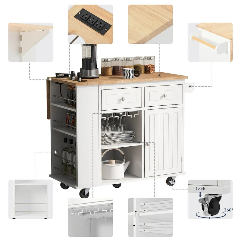 Black / Blue / White Rolling Kitchen Island with Power Outlet, Drop Leaf & Wine Rack – 1 Unit
