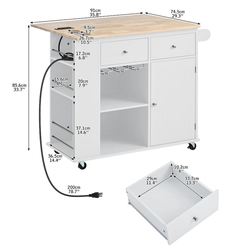 Black / Blue / White Rolling Kitchen Island with Power Outlet, Drop Leaf & Wine Rack – 1 Unit