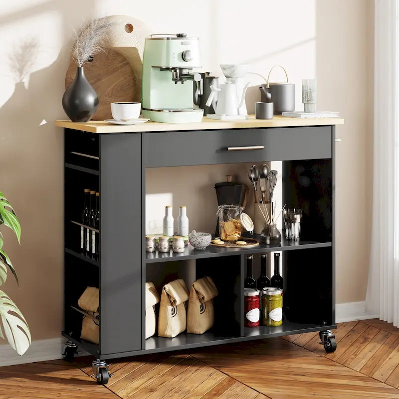 Rolling Kitchen Island Cart with Storage - Grey / Black / White, 1-Person Use