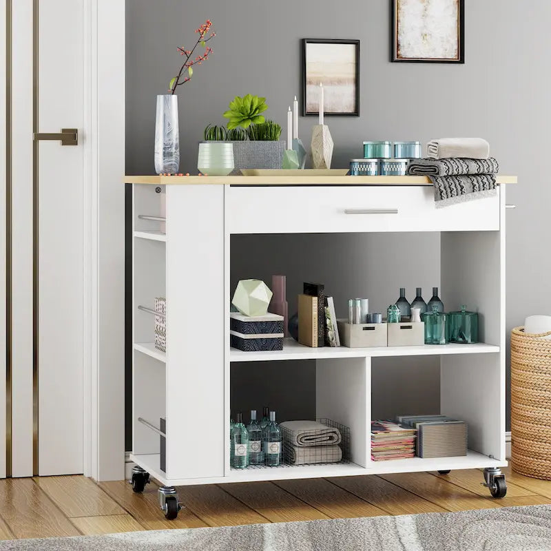 Rolling Kitchen Island Cart with Storage - Grey / Black / White, 1-Person Use