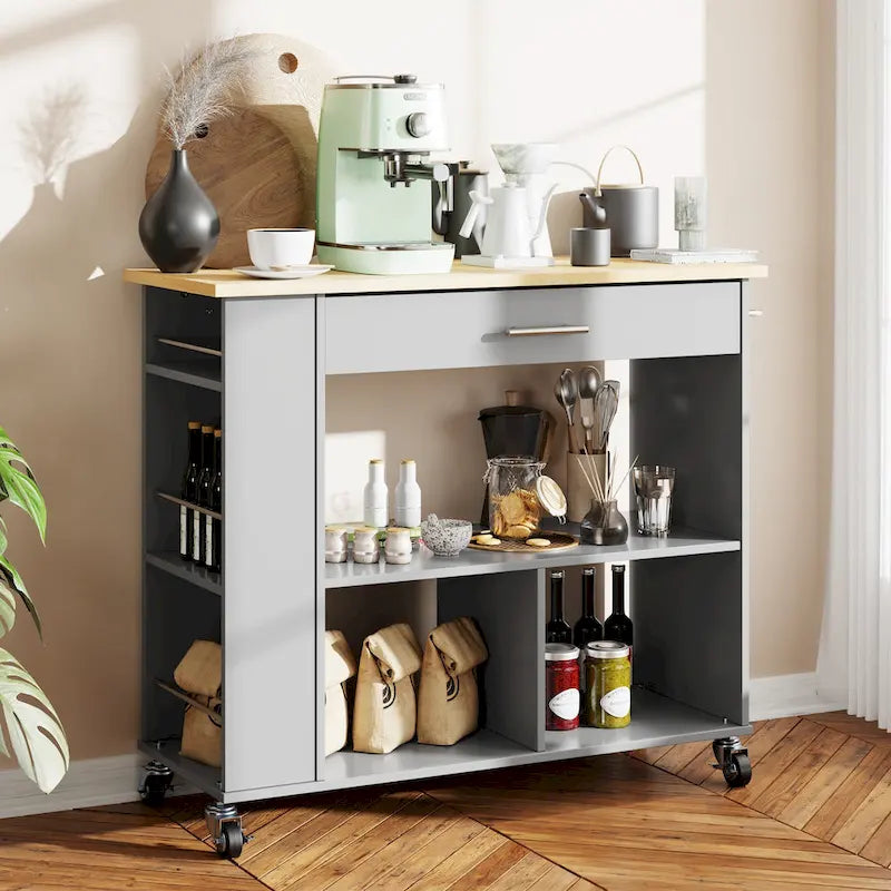 Rolling Kitchen Island Cart with Storage - Grey / Black / White, 1-Person Use