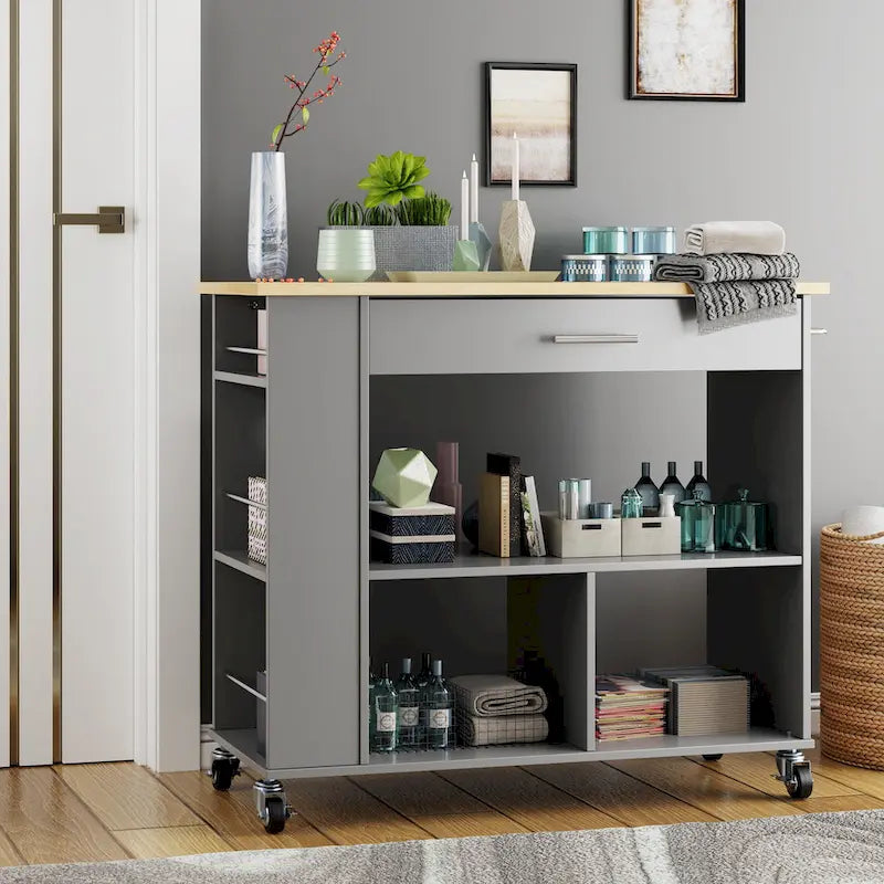 Rolling Kitchen Island Cart with Storage - Grey / Black / White, 1-Person Use
