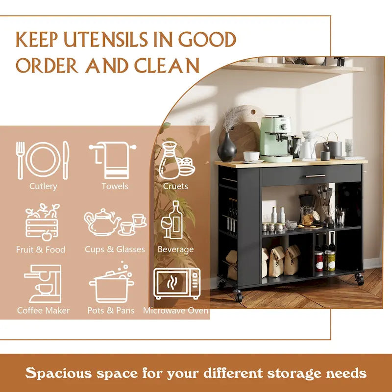 Rolling Kitchen Island Cart with Storage - Grey / Black / White, 1-Person Use