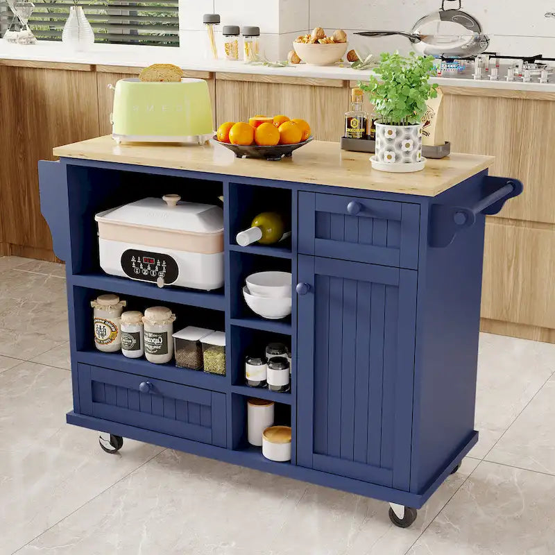 Dark Blue / White / Black Rolling Kitchen Island Cart with Storage, 2-Person Assembly