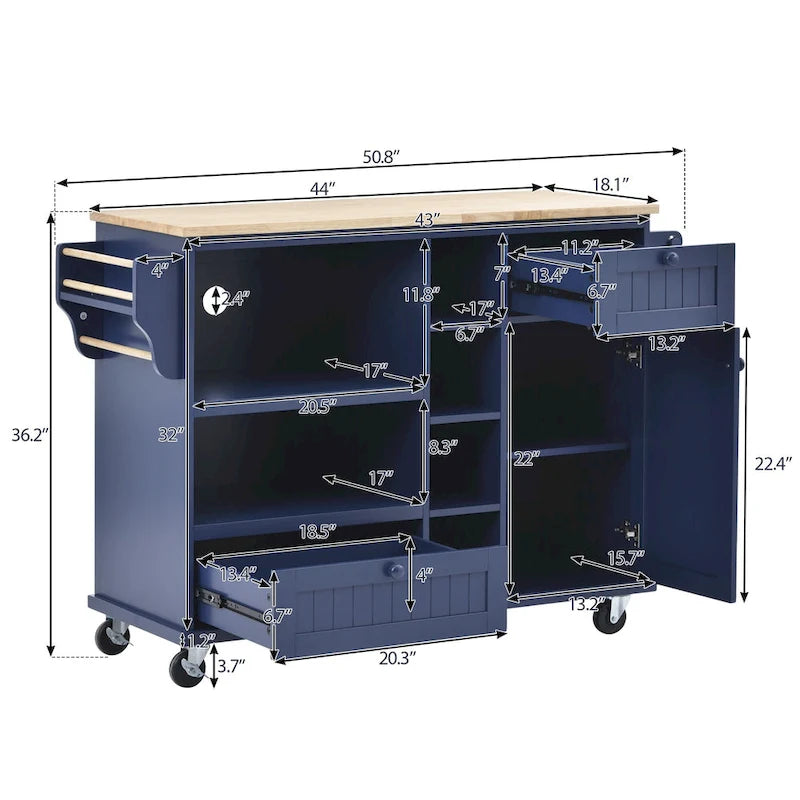 Dark Blue / White / Black Rolling Kitchen Island Cart with Storage, 2-Person Assembly