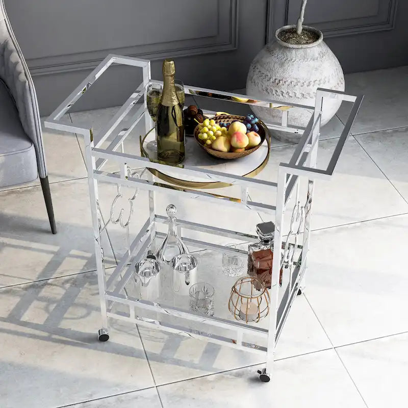 Chrome 2-Shelf Serving Cart with Casters, Contemporary Style, Seats 1