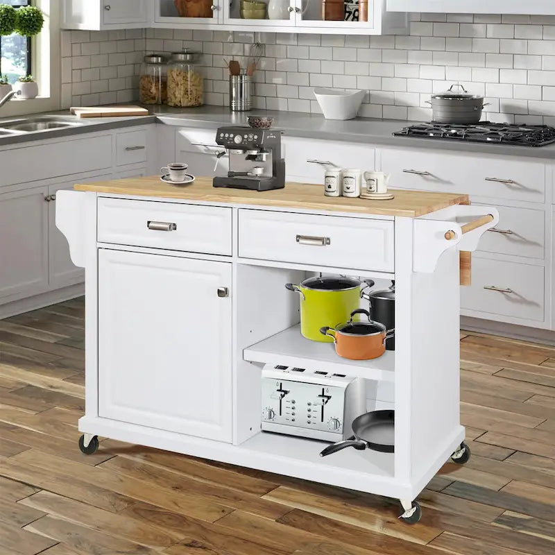 Mahogany / White / Black / Gray Rubberwood Kitchen Cart with Drop Leaf, 1-Person