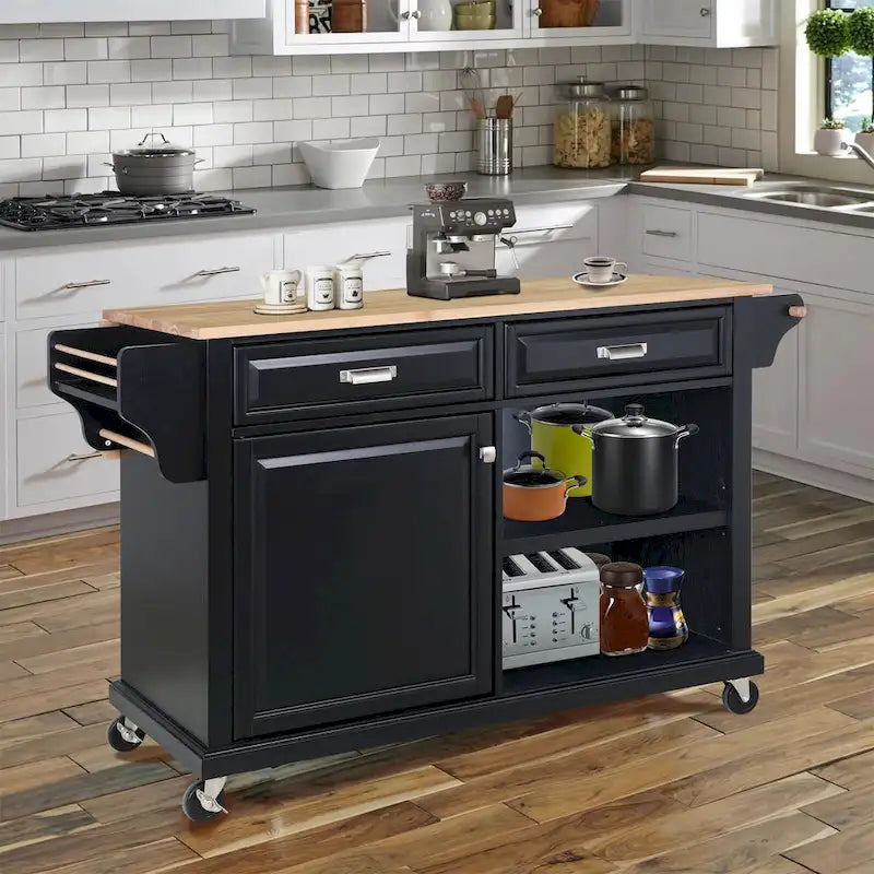 Mahogany / White / Black / Gray Rubberwood Kitchen Cart with Drop Leaf, 1-Person