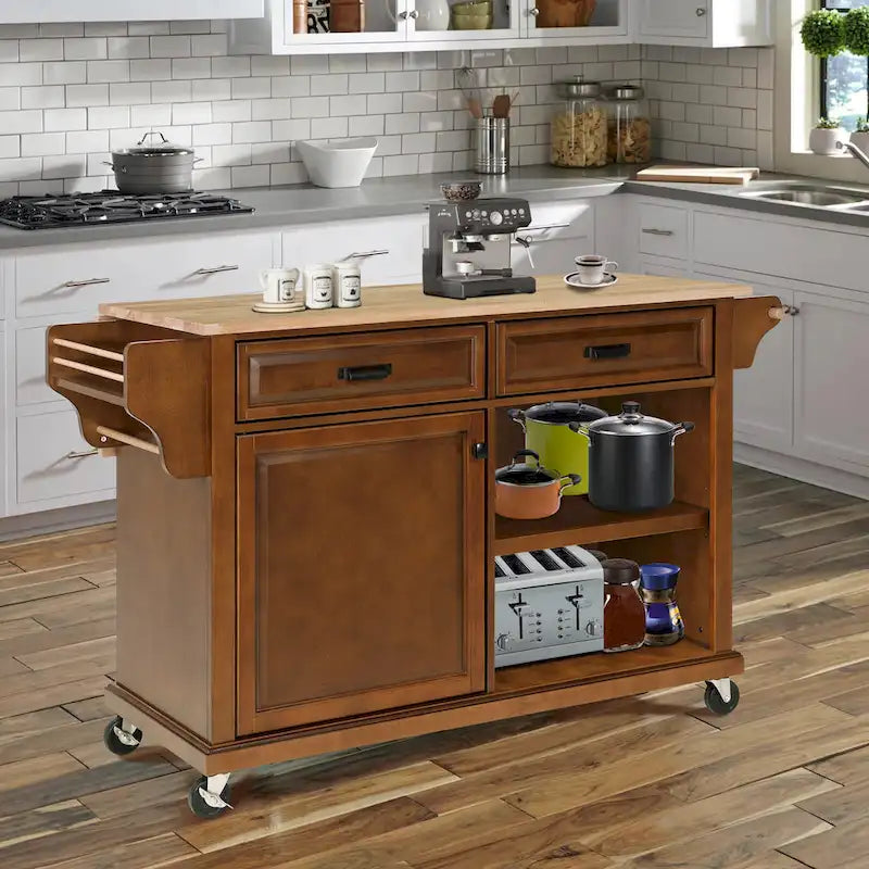 Mahogany / White / Black / Gray Rubberwood Kitchen Cart with Drop Leaf, 1-Person