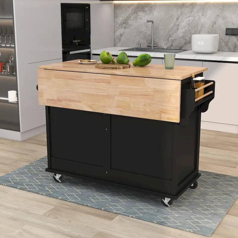 White / Black / Green Drop-Leaf Kitchen Cart with Sliding Barn Door, 1-Person Use