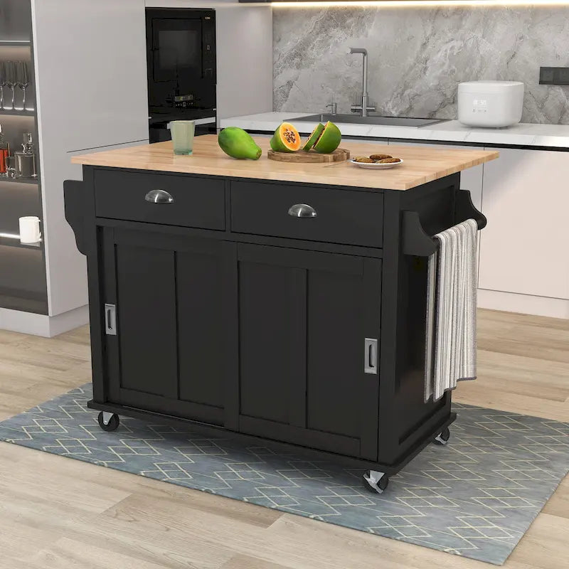 White / Black / Green Drop-Leaf Kitchen Cart with Sliding Barn Door, 1-Person Use