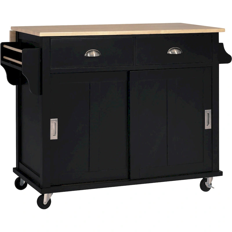 White / Black / Green Drop-Leaf Kitchen Cart with Sliding Barn Door, 1-Person Use