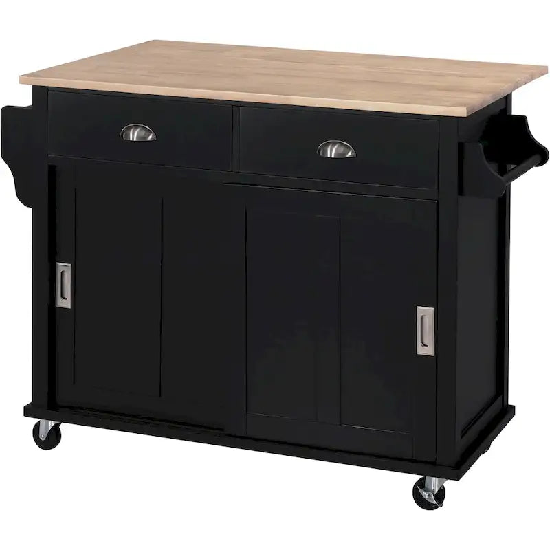 White / Black / Green Drop-Leaf Kitchen Cart with Sliding Barn Door, 1-Person Use