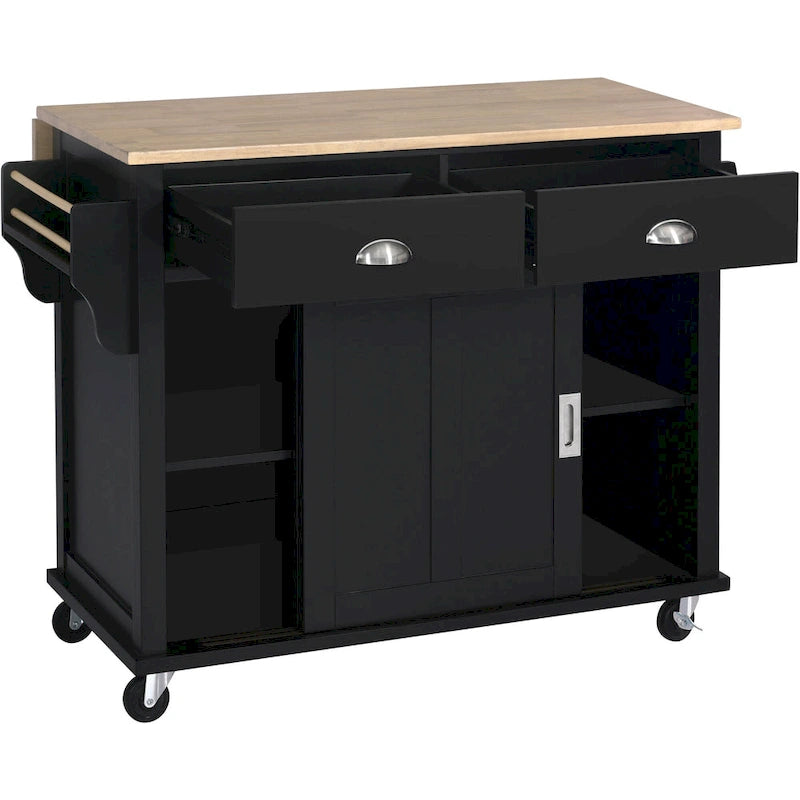 White / Black / Green Drop-Leaf Kitchen Cart with Sliding Barn Door, 1-Person Use