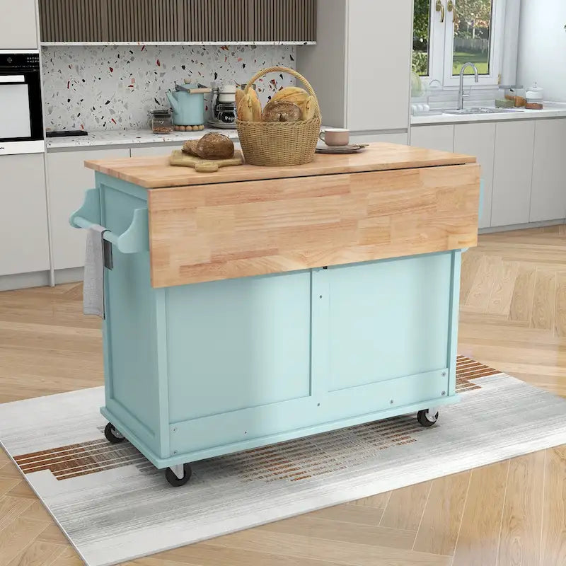 White / Black / Green Drop-Leaf Kitchen Cart with Sliding Barn Door, 1-Person Use