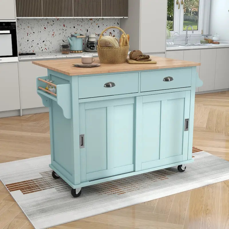 White / Black / Green Drop-Leaf Kitchen Cart with Sliding Barn Door, 1-Person Use