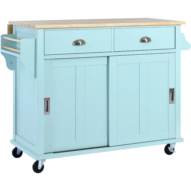 White / Black / Green Drop-Leaf Kitchen Cart with Sliding Barn Door, 1-Person Use