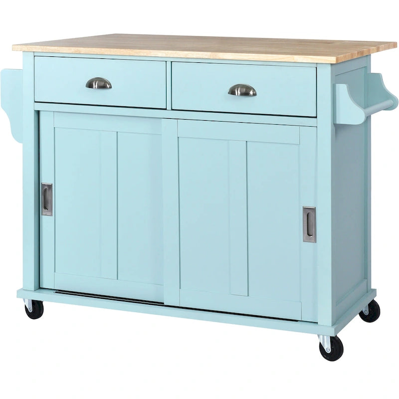 White / Black / Green Drop-Leaf Kitchen Cart with Sliding Barn Door, 1-Person Use