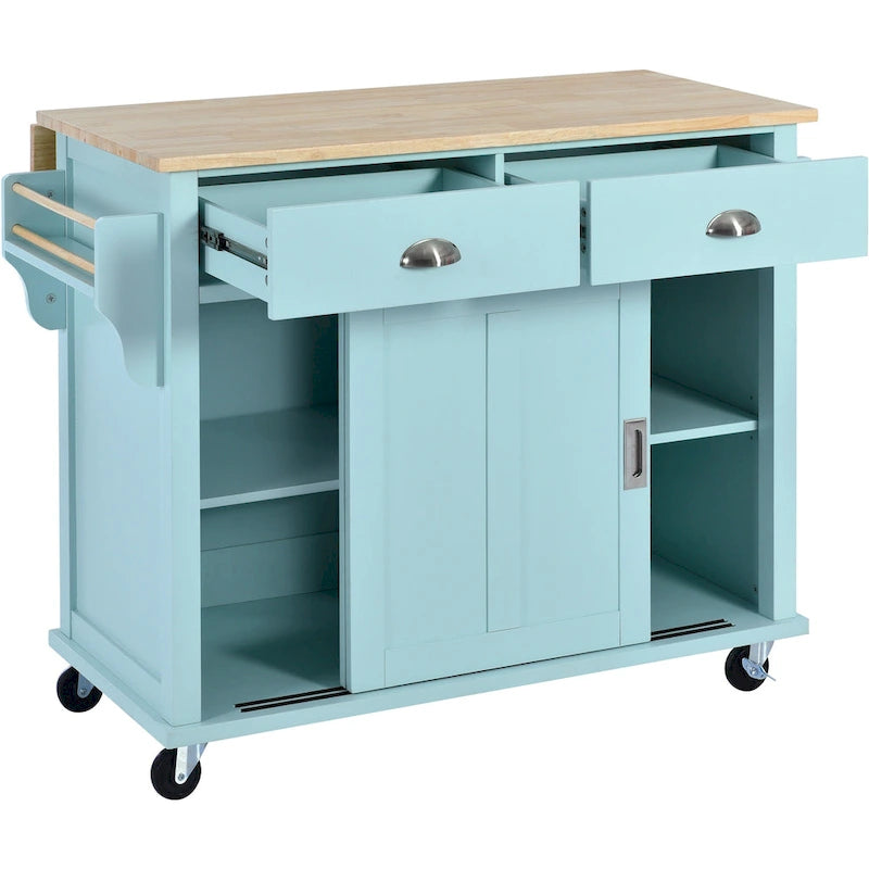 White / Black / Green Drop-Leaf Kitchen Cart with Sliding Barn Door, 1-Person Use