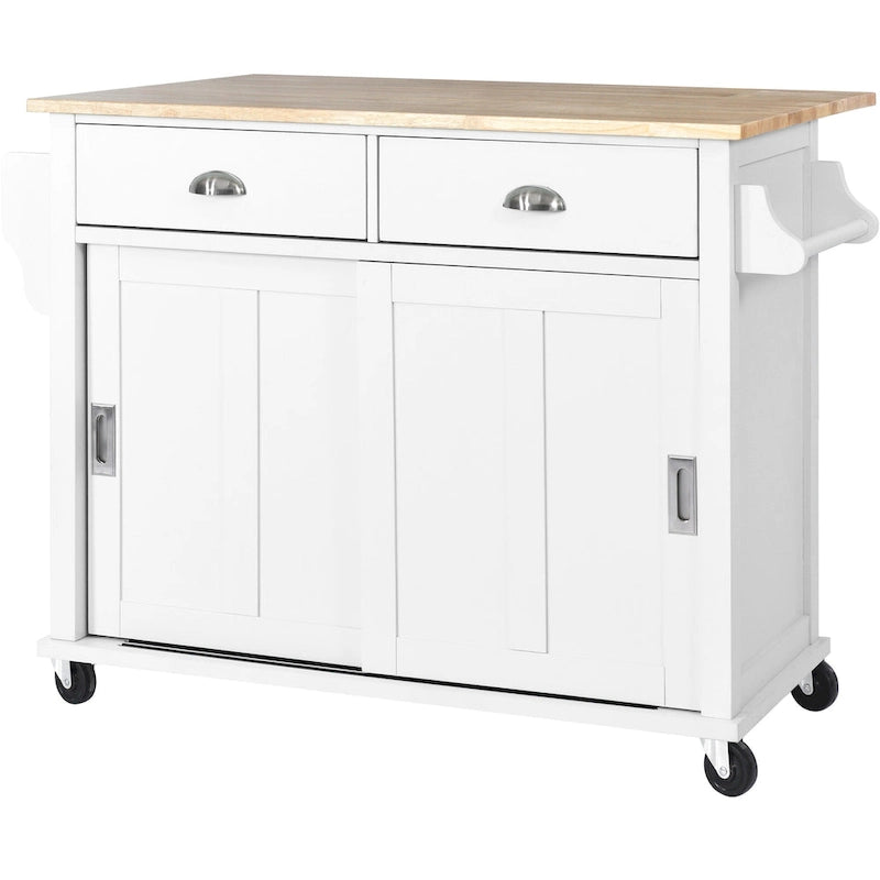 White / Black / Green Drop-Leaf Kitchen Cart with Sliding Barn Door, 1-Person Use
