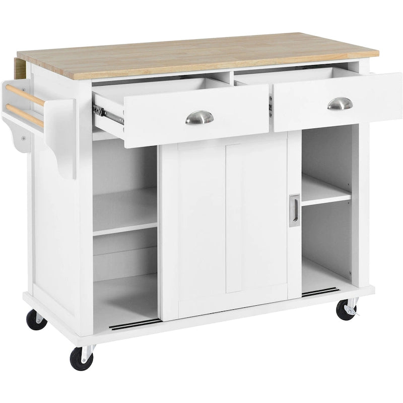 White / Black / Green Drop-Leaf Kitchen Cart with Sliding Barn Door, 1-Person Use