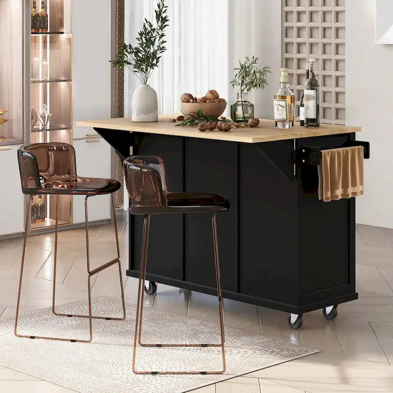 Black/Blue/White Drop-Leaf Kitchen Island Cart with 5 Wheels & 3 Drawers