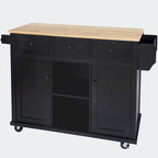 Black/Blue/White Drop-Leaf Kitchen Island Cart with 5 Wheels & 3 Drawers