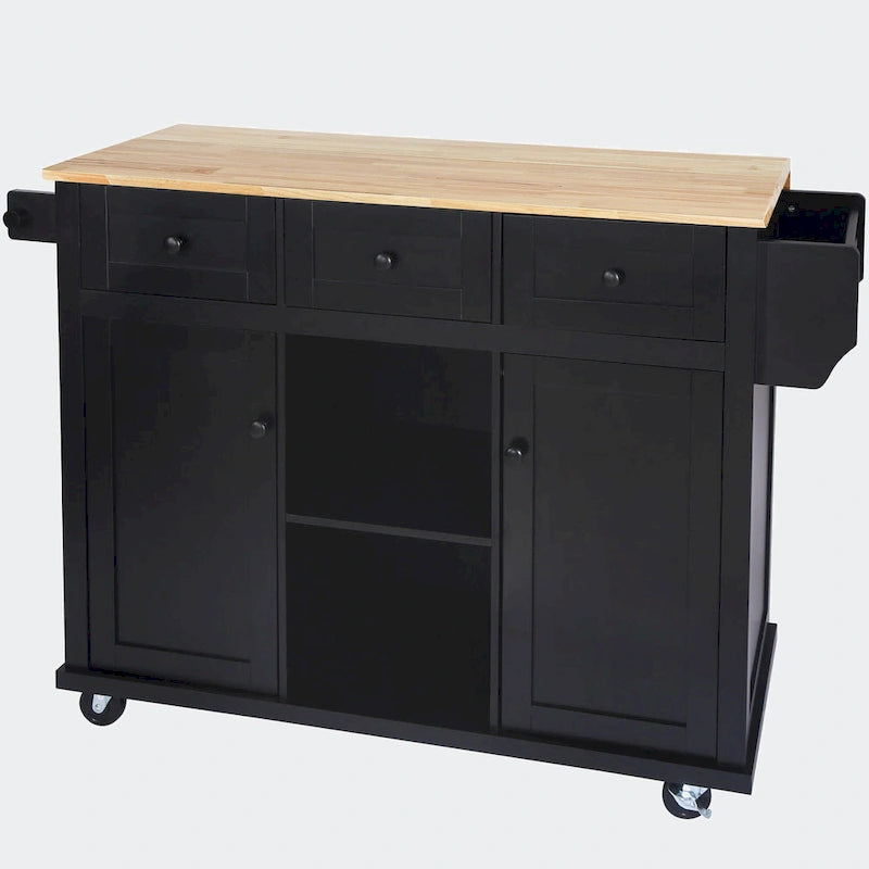 Black/Blue/White Drop-Leaf Kitchen Island Cart with 5 Wheels & 3 Drawers