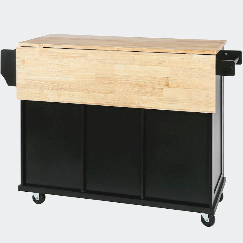 Black/Blue/White Drop-Leaf Kitchen Island Cart with 5 Wheels & 3 Drawers