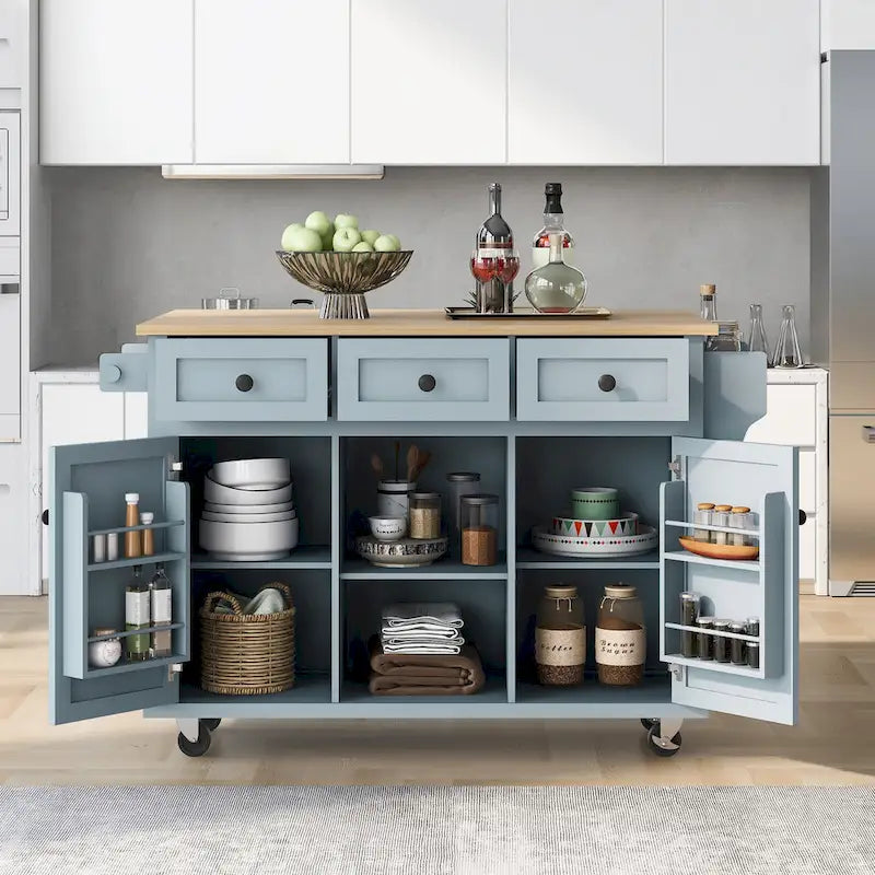 Black/Blue/White Drop-Leaf Kitchen Island Cart with 5 Wheels & 3 Drawers