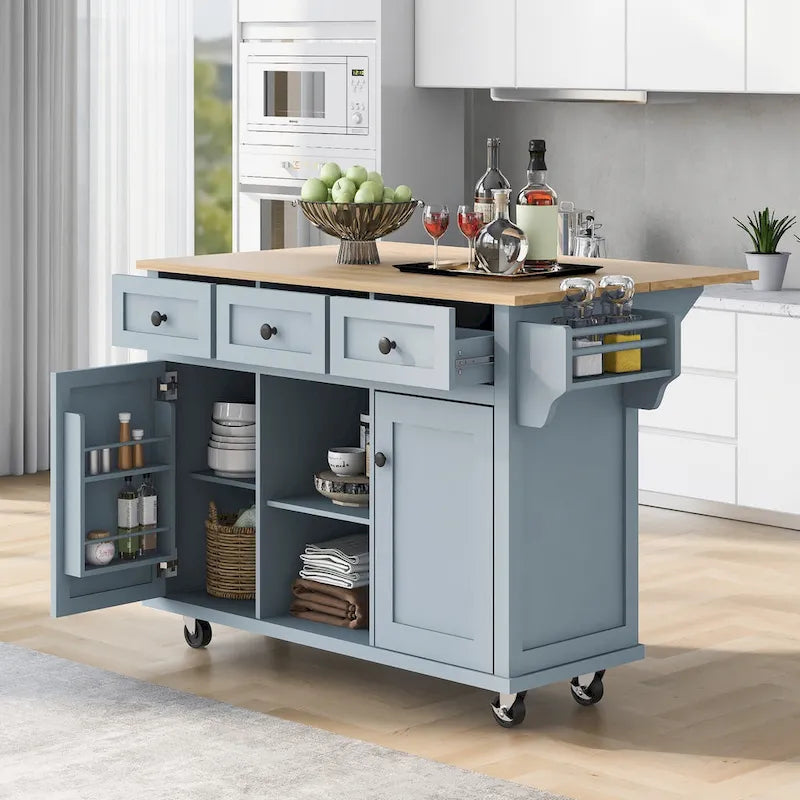 Black/Blue/White Drop-Leaf Kitchen Island Cart with 5 Wheels & 3 Drawers