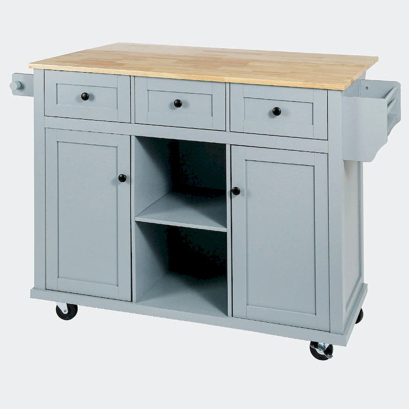 Black/Blue/White Drop-Leaf Kitchen Island Cart with 5 Wheels & 3 Drawers