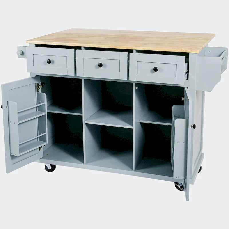 Black/Blue/White Drop-Leaf Kitchen Island Cart with 5 Wheels & 3 Drawers
