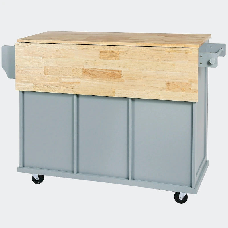 Black/Blue/White Drop-Leaf Kitchen Island Cart with 5 Wheels & 3 Drawers