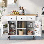 Black/Blue/White Drop-Leaf Kitchen Island Cart with 5 Wheels & 3 Drawers