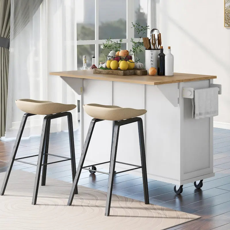 Black/Blue/White Drop-Leaf Kitchen Island Cart with 5 Wheels & 3 Drawers