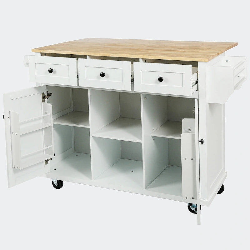 Black/Blue/White Drop-Leaf Kitchen Island Cart with 5 Wheels & 3 Drawers