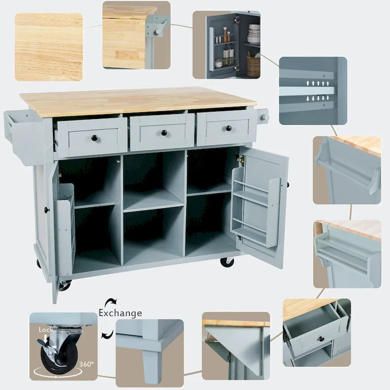 Black/Blue/White Drop-Leaf Kitchen Island Cart with 5 Wheels & 3 Drawers