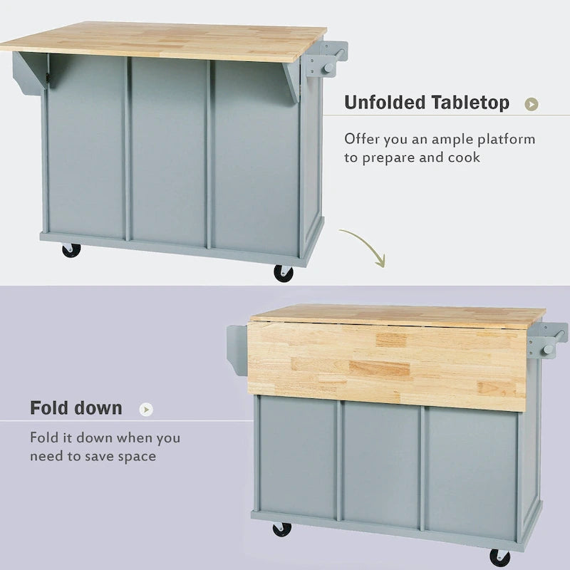 Black/Blue/White Drop-Leaf Kitchen Island Cart with 5 Wheels & 3 Drawers